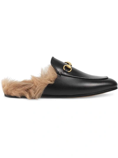 Shop Gucci Black Princetown Leather Fur Lined Mules In Nero