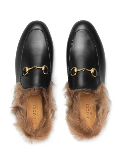 Shop Gucci Black Princetown Leather Fur Lined Mules In Nero