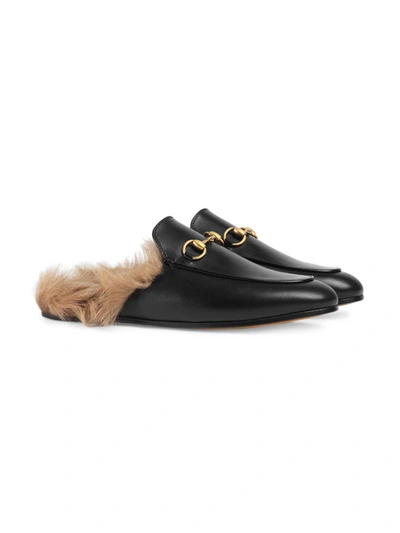 Shop Gucci Black Princetown Leather Fur Lined Mules In Nero