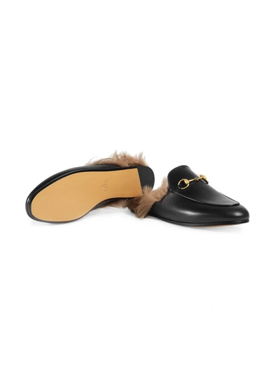 Shop Gucci Black Princetown Leather Fur Lined Mules In Nero