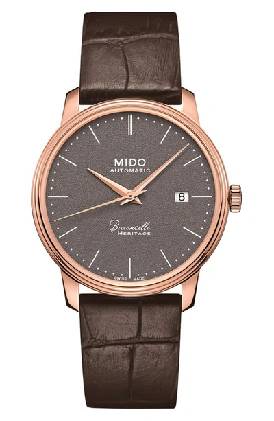 Shop Mido Baroncelli Heritage Automatic Croc Embossed Leather Strap Watch, 39mm In Grey