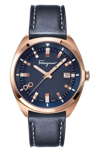 Shop Ferragamo Leather Strap Watch, 40mm In Blue/ Rose Gold
