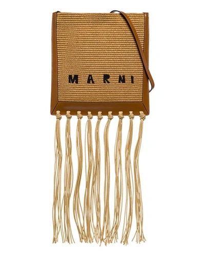 Shop Marni Crossbody Bag In Raffia And Leather With Fringes In Brown