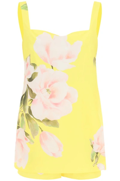 Shop Valentino Peony Print Short Jumpsuit In Multicolor Bright Yellow