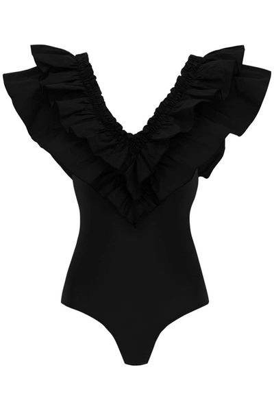 Shop Msgm Ruffle Bodysuit Top In Black