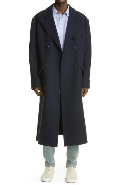 Shop 4sdesigns Double Breasted Wool Blend Coat In Navy