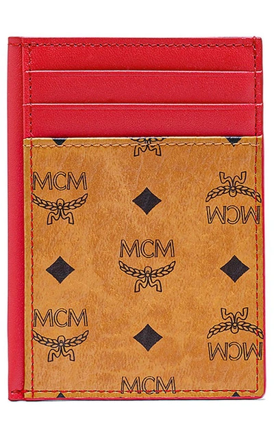 Shop Mcm Mini Visetos Original & Leather Card Case In Cognac/ Red