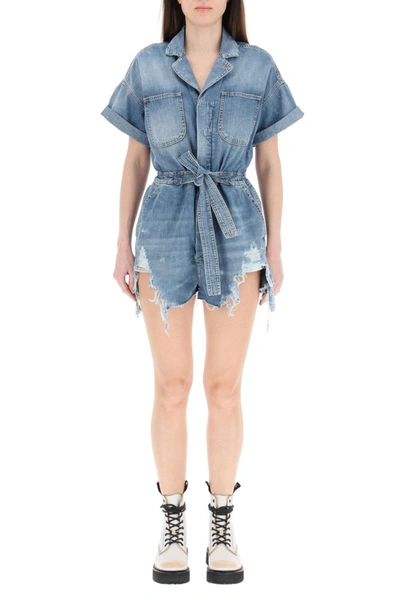 Shop R13 Mick Denim Romper Jumpsuit In Cohen Blue