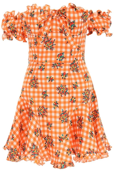 Shop Alessandra Rich Gingham Silk Mini Dress In Orange