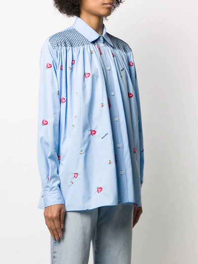 Shop Miu Miu Floral-embroidered Smocked Shirt In Nero
