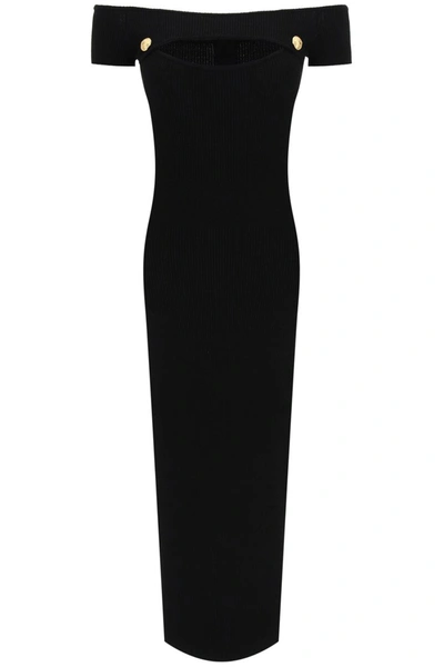 Shop Balmain Off-shoulder Ribbed Dress In Noir