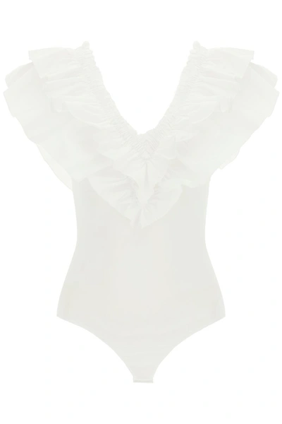 Shop Msgm Ruffle Bodysuit Top In White