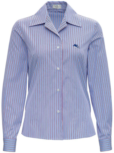 Shop Etro Striped Cotton Shirt With Logo In Light Blue