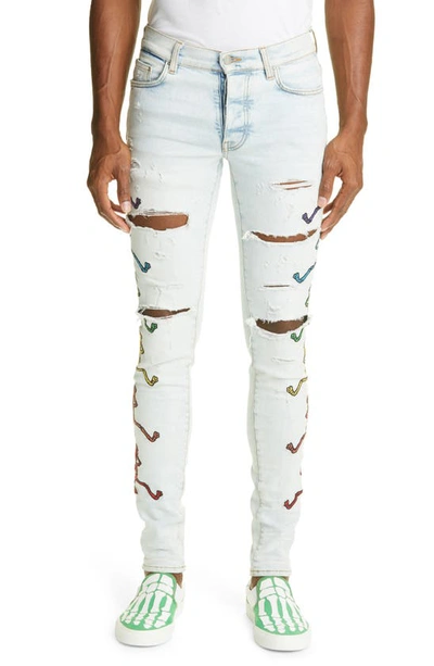 Shop Amiri Grateful Dead Dancing Skeleton Embroidered Ripped Skinny Jeans In Vintage Sky