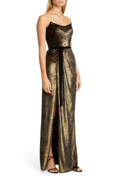 Shop Marchesa Notte Strapless Foiled Velvet Gown In Gold