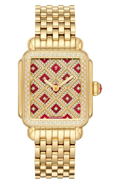 Shop Michele Deco Diamond Watch Head & Bracelet, 33mm X 35mm In Gold/ Cabernet Mop