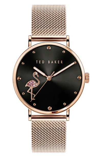 Shop Ted Baker Ted Bake London Phylipa Crystal Flamingo Leather Strap Watch, 37mm In Rose Gold