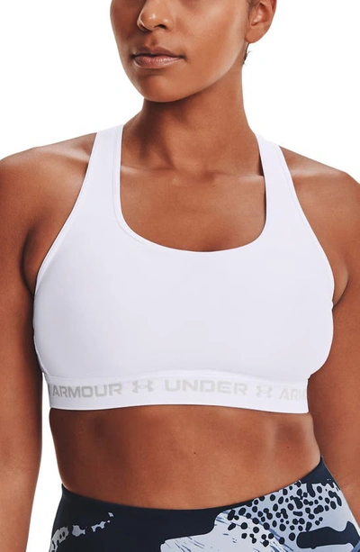 Shop Under Armour Heatgear® Mid Cross Back Sports Bra In White / White / Halo Gray
