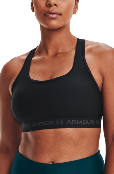 Shop Under Armour Heatgear® Mid Cross Back Sports Bra In Black / Black / Jet Gray