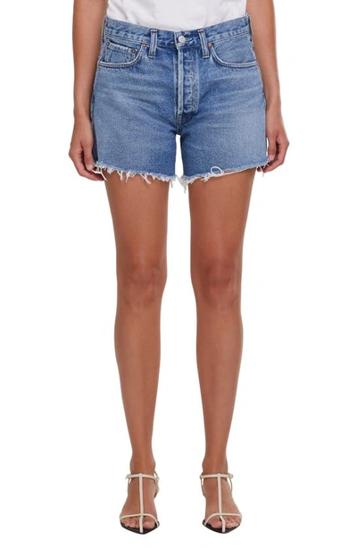 Shop Agolde Parker Distressed Denim Shorts In Skywave