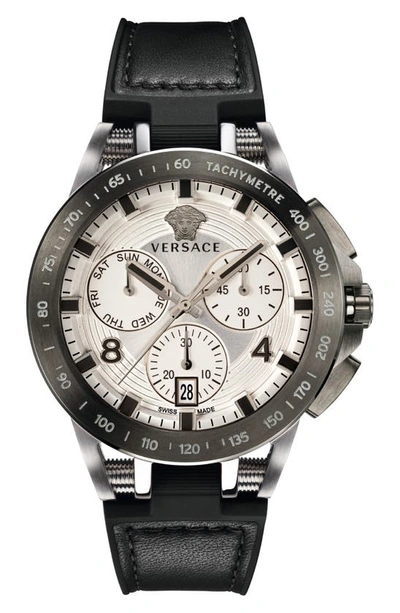 Shop Versace Sport Tech Chronograph Leather Strap Watch, 45mm In Black/ Silver