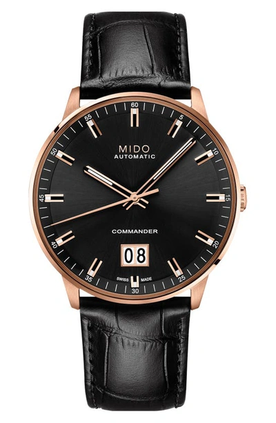 Mido Commander Ii Skeleton Leather Strap Watch In Black/ Rose Gold