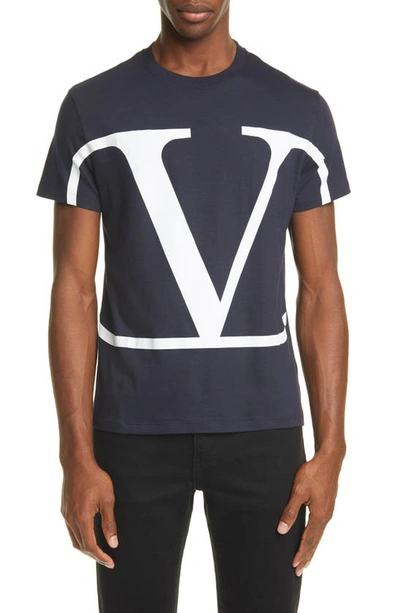 Shop Valentino Logo Crewneck T-shirt In Navy/ White