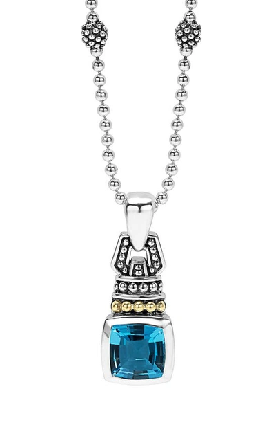 Lagos 18k Yellow Gold And Sterling Silver Caviar Color Pendant Necklace With Swiss Blue Topaz, 16 In Blue Topaz