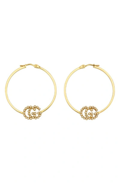 Shop Gucci Running-g Diamond Hoop Earrings In Yellow Gold