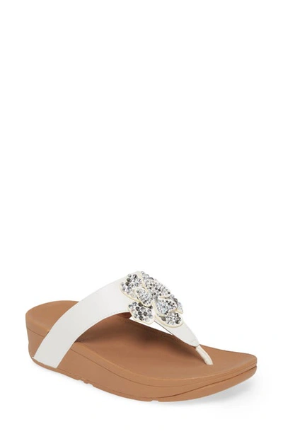 Shop Fitflop Lottie Crystal Flower Wedge Flip Flop In Urban White Faux Leather