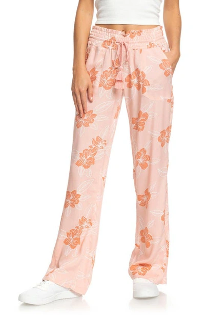 Shop Roxy Oceanside Floral Print Straight Leg Pants In Silver Pink Philly