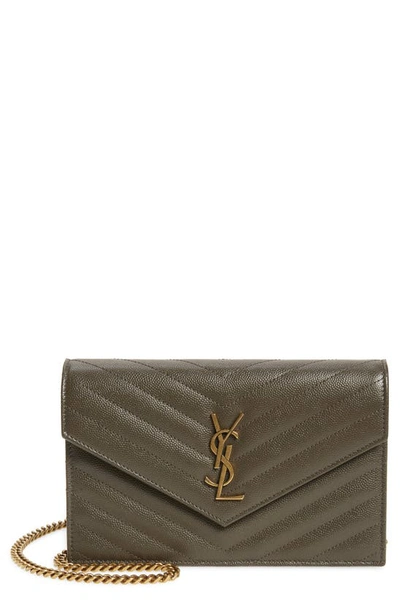 Shop Saint Laurent Monogram Quilted Leather Wallet On A Chain In Pebble