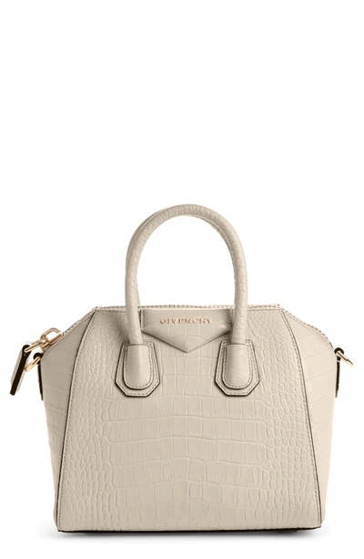 Shop Givenchy Mini Antigona Croc Embossed Calfskin Leather Satchel In Dune