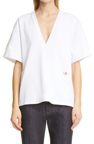Shop Victoria Beckham Oversize V-neck Cotton T-shirt In Optic White