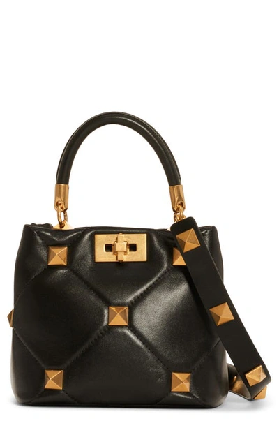 Shop Valentino Small Roman Stud Matelassé Leather Top Handle Bag In Nero