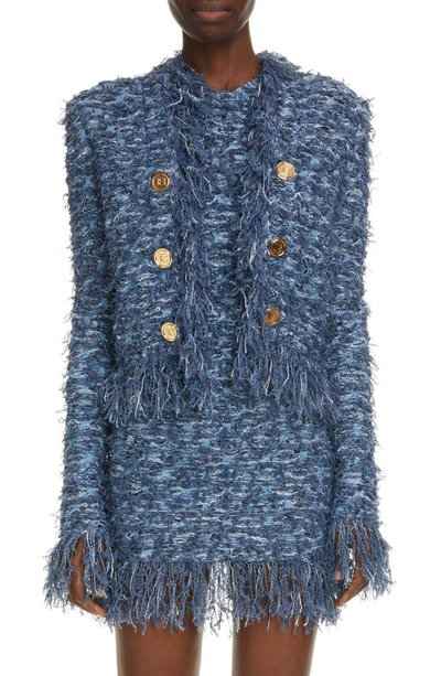 Shop Balmain Fringe Tweed Jacket In Bleu Jean