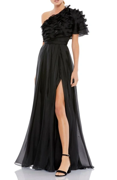 Shop Mac Duggal Ruffle Chiffon One-shoulder Gown In Black