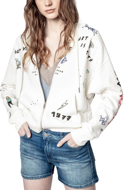 Shop Zadig & Voltaire Spencer Tattoo Zip Front Cotton Hoodie In White Multi
