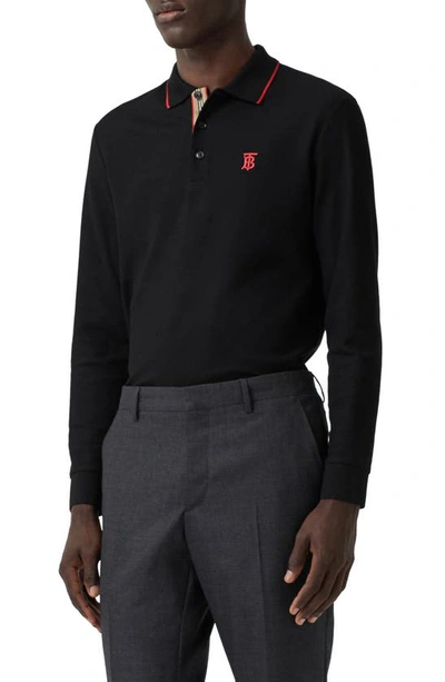 Shop Burberry Walton Long Sleeve Cotton Polo Shirt In Black