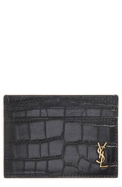Shop Saint Laurent Ysl Monogram Croc Embossed Leather Card Case In Black
