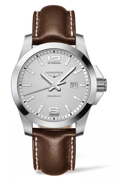 Shop Longines Conquest Classic Leather Strap Watch, 43mm In Brown/ Silver