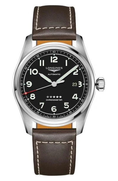 Shop Longines Spirit Automatic Leather Strap Watch, 42mm In Brown/ Black/ Silver