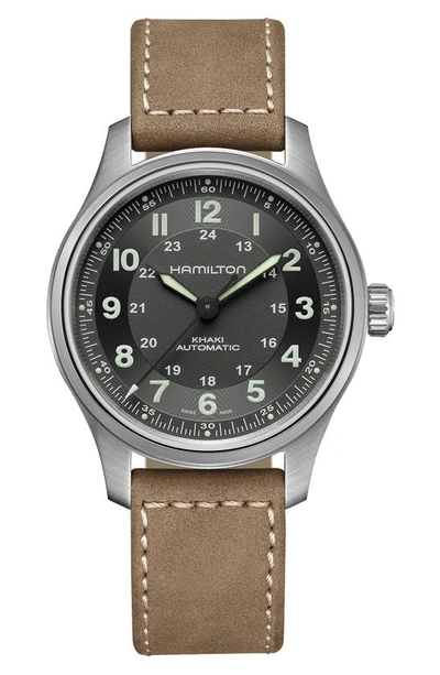 Shop Hamilton Khaki Field Titanium Automatic Leather Strap Watch, 42mm In Brown/silver