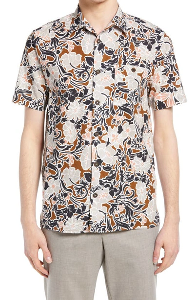 Shop Ted Baker Sitcom Floral Short Sleeve Button-up Shirt In Brown