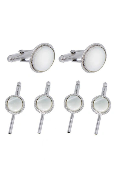 David Donahue Sterling Silver & Mother Of Pearl Beveled Stud & Cufflink Set In Silver