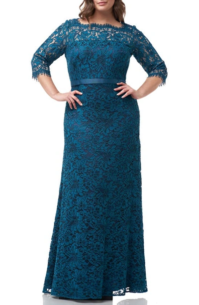 Shop Js Collections Bateau Neck Lace Gown In Turquoise Navy