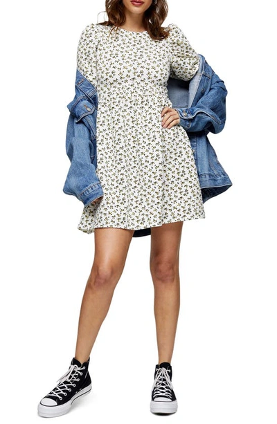 Shop Topshop Ditsy Floral Puff Sleeve Babydoll Minidress In White Multi