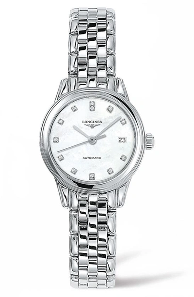 Shop Longines Flagship Automatic Diamond Bracelet Watch, 26mm In Silver/ Mop/ Silver