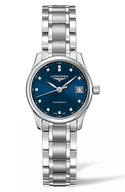 Shop Longines Master Automatic Diamond Bracelet Watch, 25.5mm In Silver/ Blue/ Silver