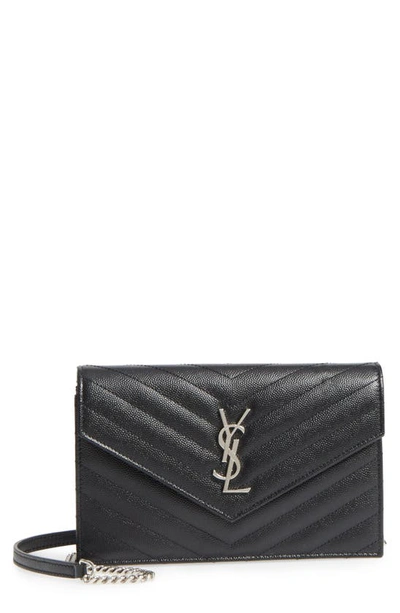 Shop Saint Laurent Monogramme Calfskin Leather Wallet On A Chain In Noir